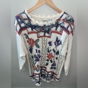 Classic Elements White Floral Embroidered Knit Pullover Sweater Women’s Large